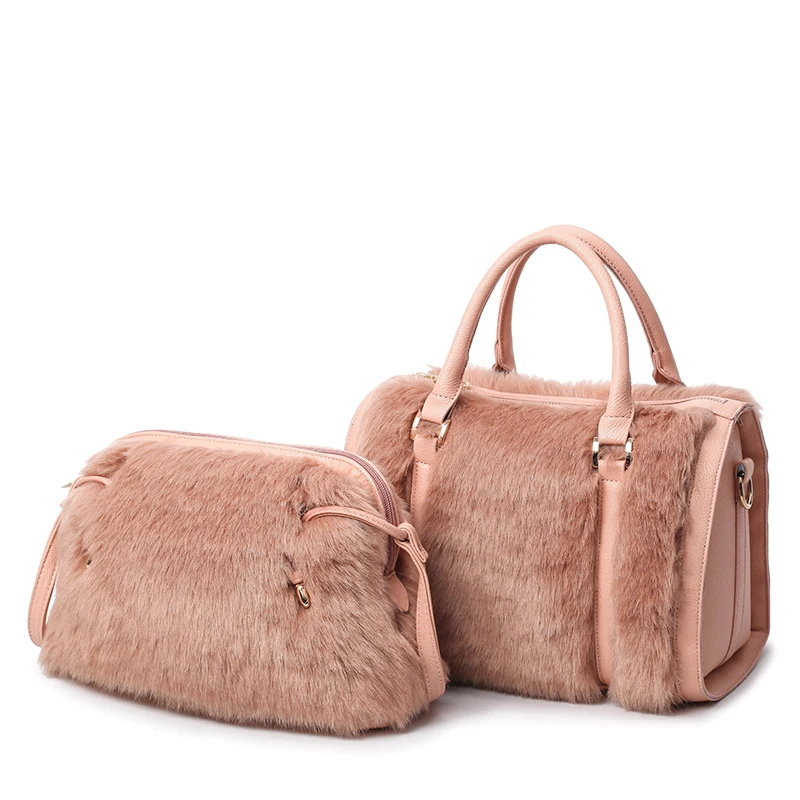 

Women Fashion Faux Rabbit Fur Large Tote Noble Single Shoulder Messenger Cross body Bag Leather Handbag Lovely Zipper  Purse