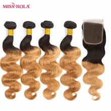 Miss Rola Hair Pre-colored Ombre Peruvian Body Wave Hair #1B/27 100% Human Hair 4 Bundles with Closure Hair Extensions Non Remy