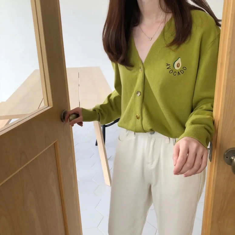 

2019 New Korean Style Women Sweater Avocado Green Cardigan Thin Loose V-neck Single Breasted Knit Sweater Women