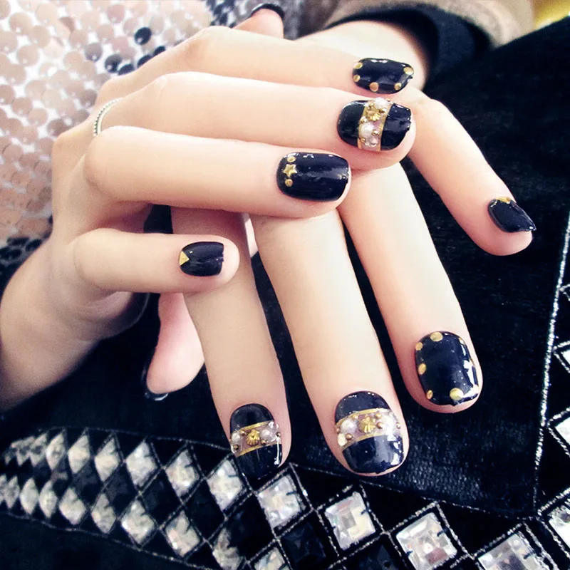

Women Japanese Style Artificial Nail Black Color Short Size Nail Art Tips with Glue Simulation Pearl Individuality DIY Fake Nail