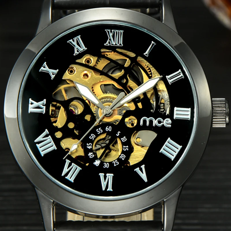 

MCE Roman Numerals Western Leather skeleton Automatic Mechanical business men Wrist Watch
