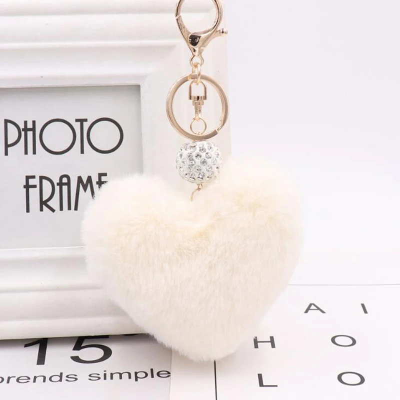 

15Pcs/lot Fashion Drill Ball Heart Plush Key Chain Fur Car Accessories Pompom Women Bag Keyring Car Souvenir Small Gift
