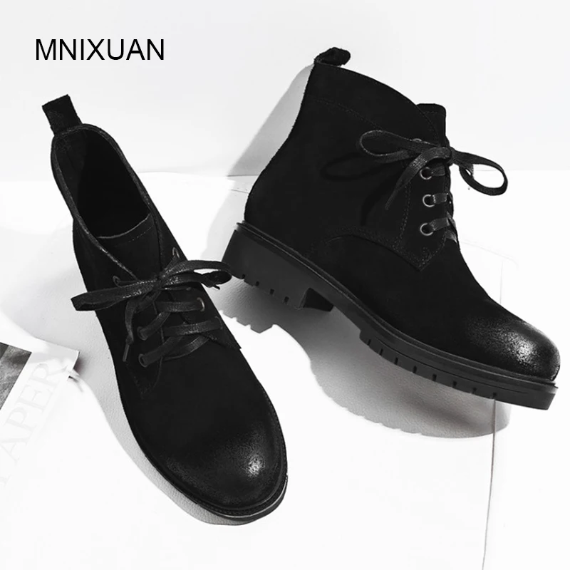 

MNIXUAN women winter shoes black martin boots 2018 new nubuck round toe medium heels lace up short plush ankle boots big size 43