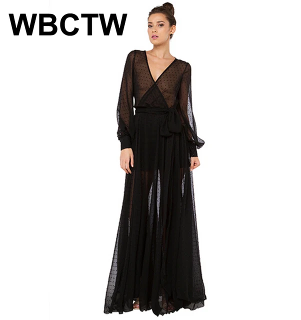 Nero Della Maniche Maxi A Tulle Garza Donne In Elegante Pista Del Lunghe Vestito Sexy Maglia IE9H2D