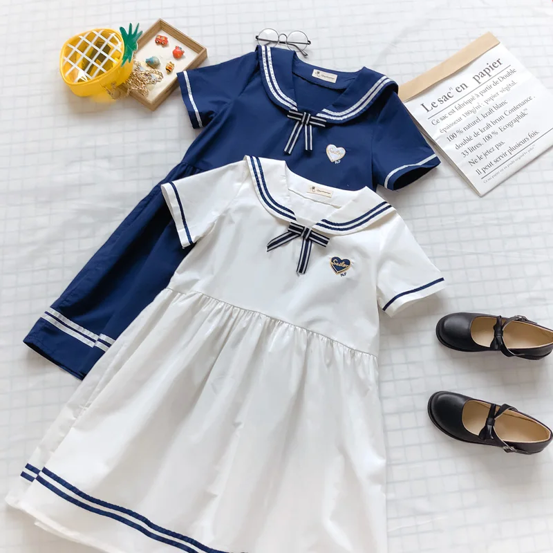 

Summer New Teen Girl Sweet Love Embroidery Bow Sailor collar Dress Preppy style Short Sleeve Stripe Kawaii lolita Dress 2Colors