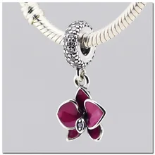 Authentic 925 Sterling Silver charms fit pandora charms orchid dangle with clear and purple CZ and
