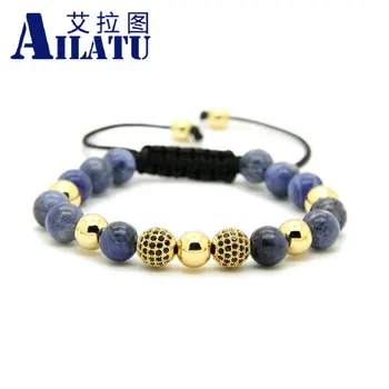 

Ailatu Mens Jewelry Wholesale 10pcs/lot 8mm Natural Blue Veins Stone Beads & 9mm Micro Paved Black Cz Ball Macrame Bracelet