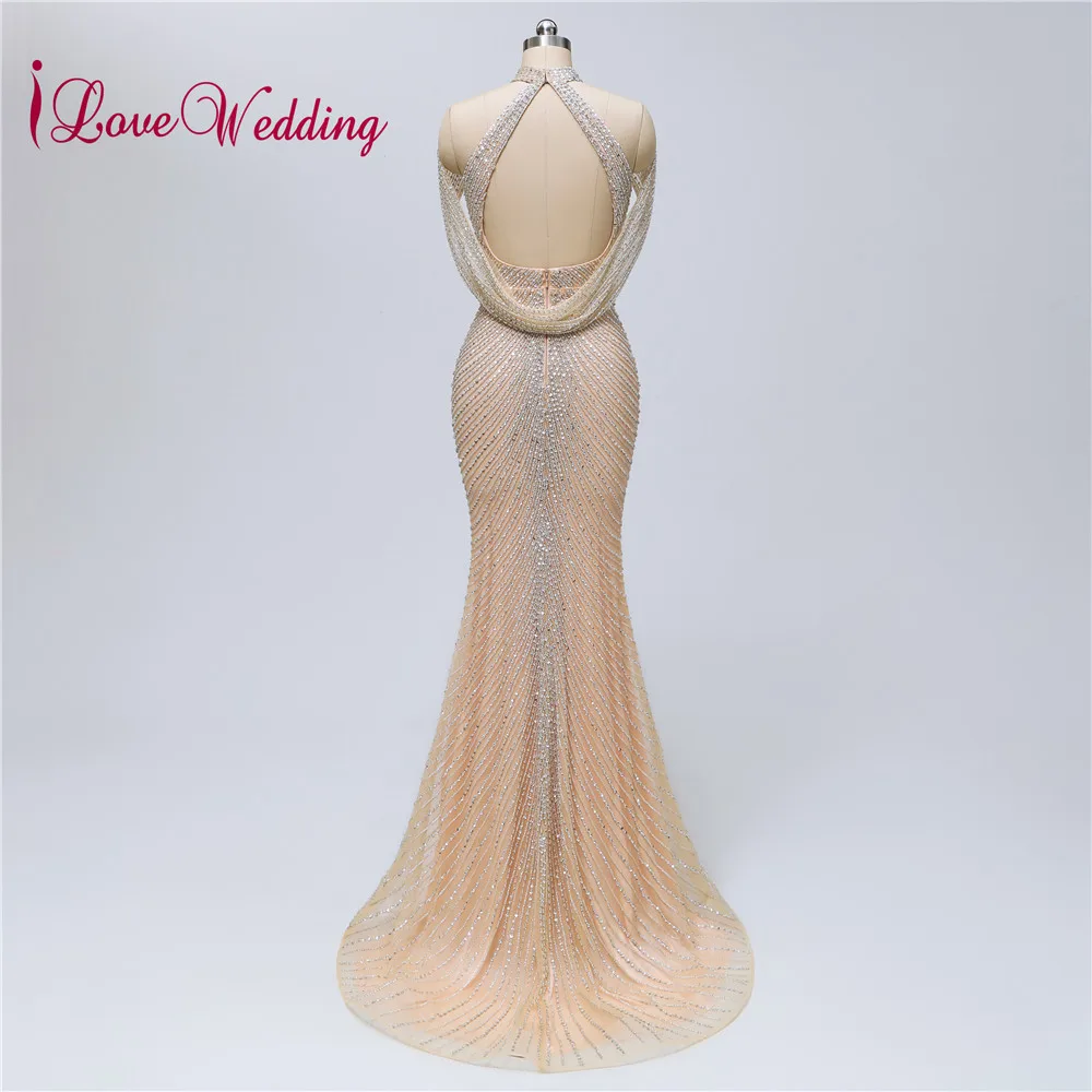 iLoveWedding Elegant Evening Dress Long Champagne Crystal Beadings Sexy Mermaid Luxuriy Formal Evening Gowns