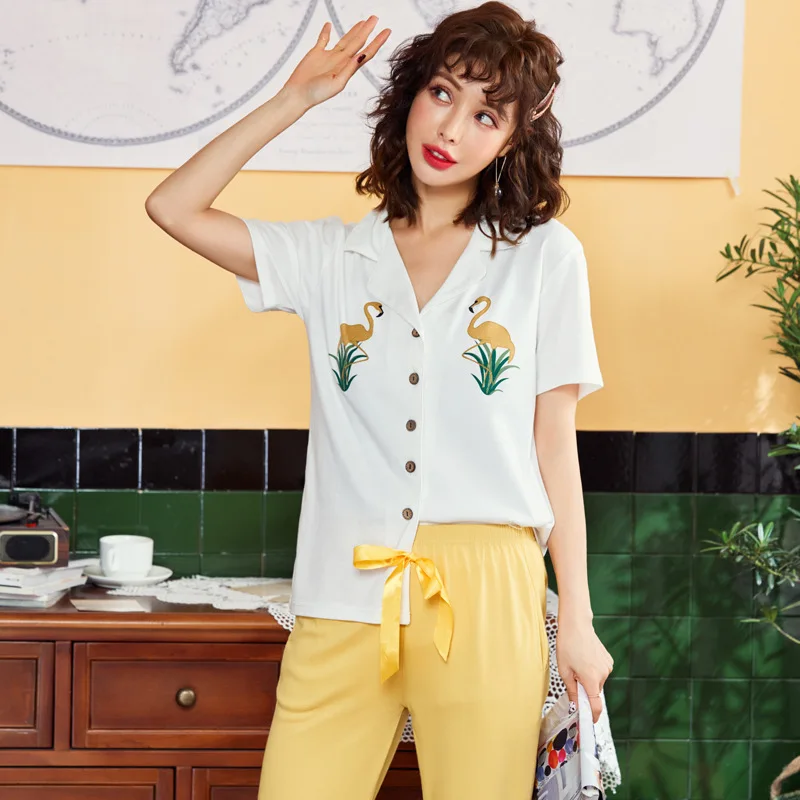 

Flamingo Cotton pajamas Summer Short Sleeves Long Pants Cotton Housewear Woman Printed Sweet sleep wear set home clothes