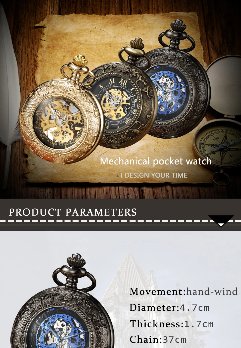 Retro Golden Hollow Skeleton Mechanical Pocket Watch