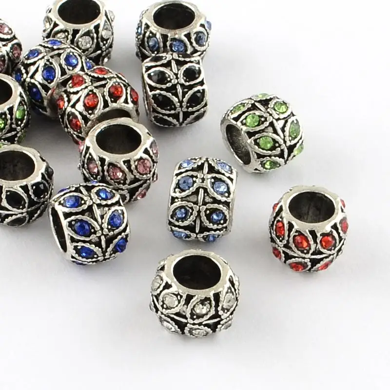 

50pcs Mixed Random Color Alloy Rhinestone Beads European Beads Rondelle Large Hole Beads Antique Silver with Leaf 9x7mm Hole:5mm