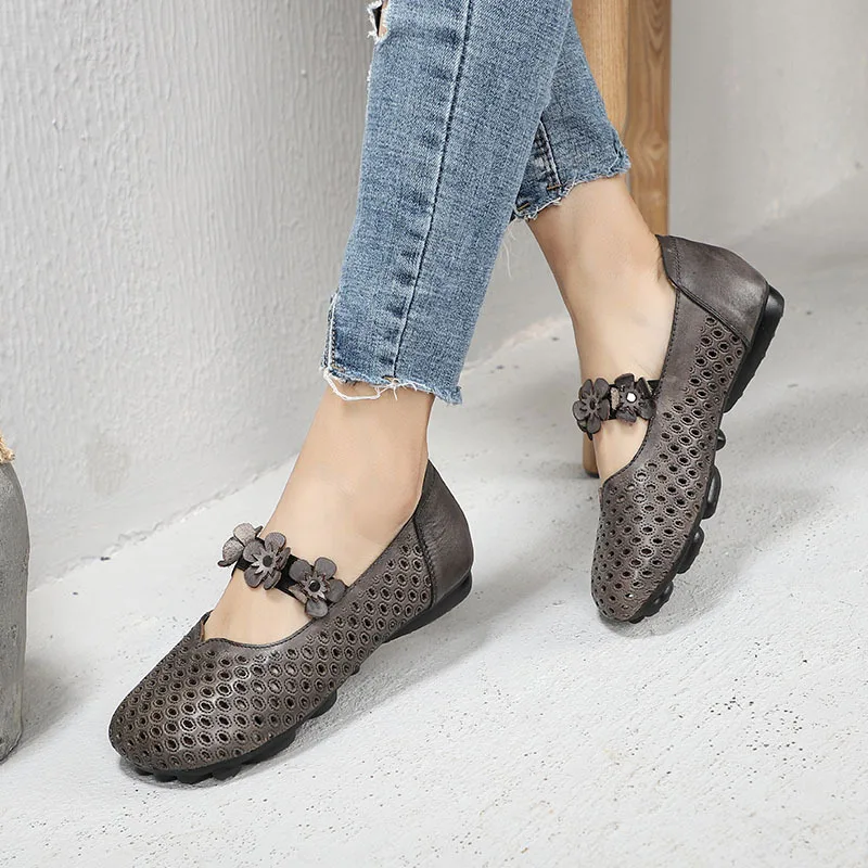 

GKTINOO Spring New Round Toe Genuine Leather Flats Hollow Out Flowers Flat Shoes Folk Style Cowhide Comfortable Retro Women Shoe