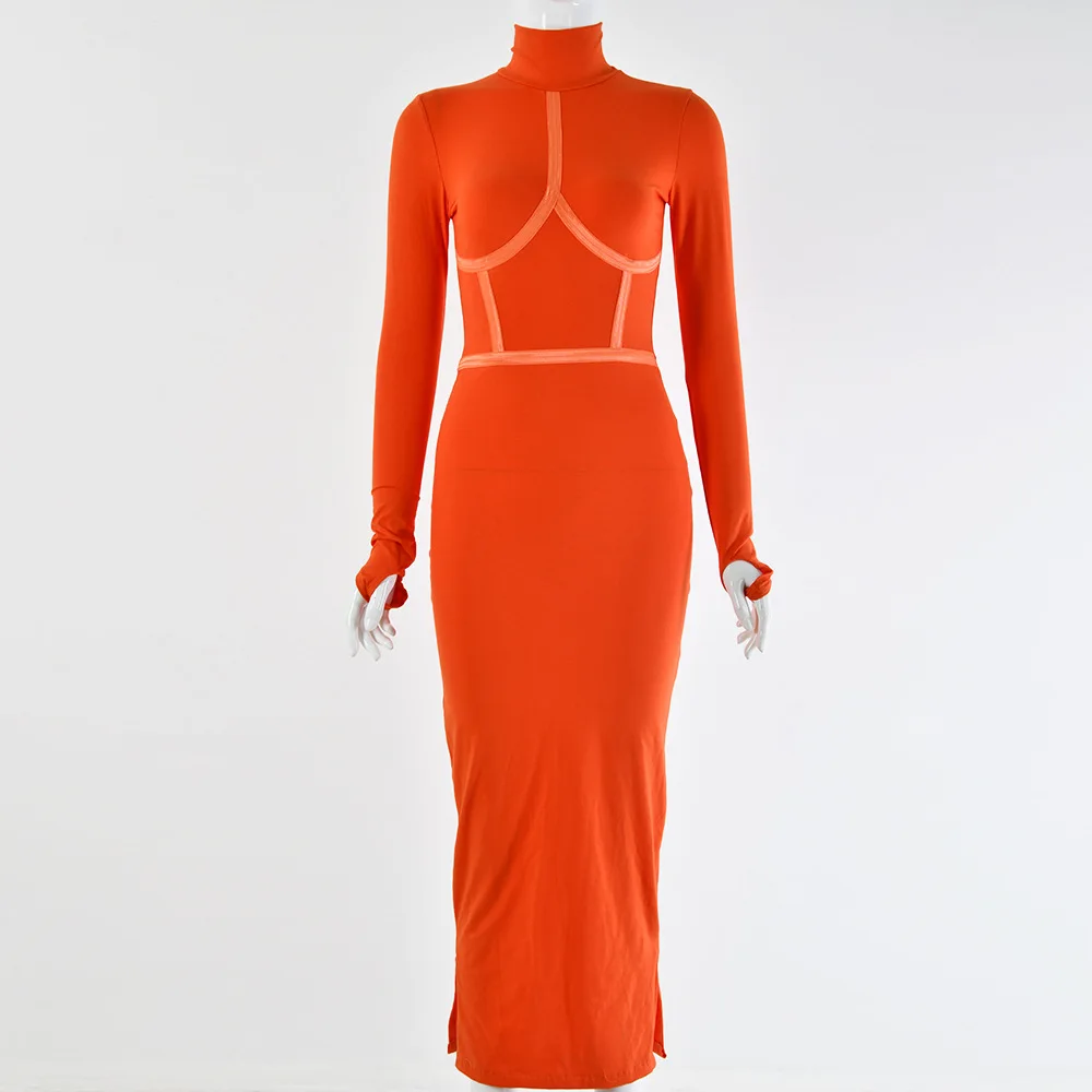 FHTEX, одноцветное, с высоким воротом, с длинным рукавом, сексуальное, облегающее, длинное платье, для женщин, облегающее, хлопок, Повседневное платье, вечерние, карандаш, макси платье - Цвет: Оранжевый