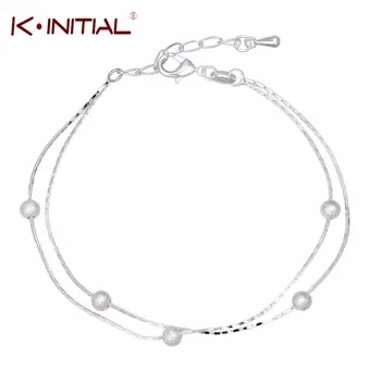 Kinitial Double Layer New Bracelet 925 Sterling Ladies Silver  Bracelet Bangle For Women Ball Pendant Pulseras Jewelry