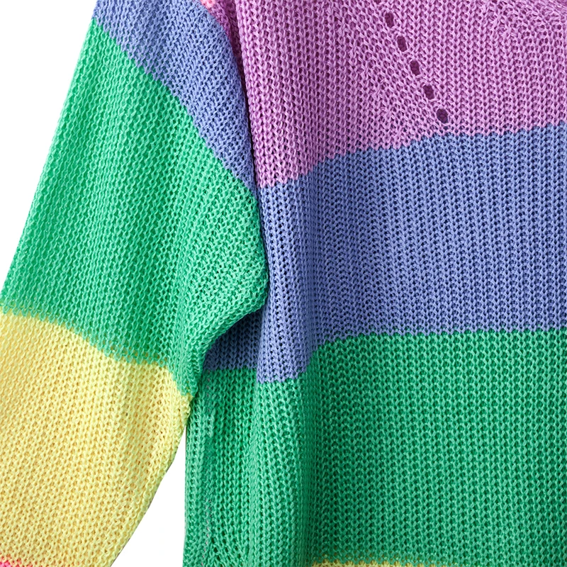 Женский свитер, ВЯЗАННЫЙ ПУЛОВЕР, разноцветный полосатый Радужный свитер, с прорезями, с длинным рукавом, трикотаж, женский джемпер