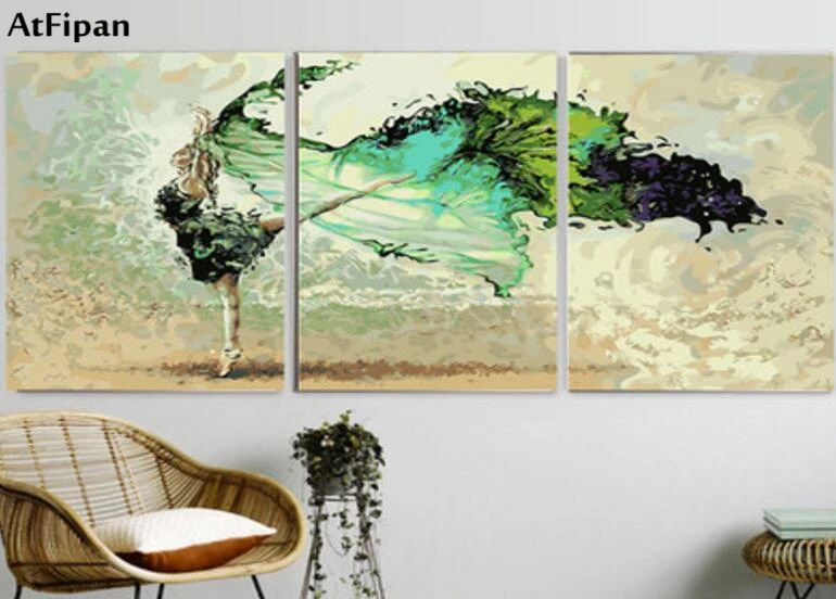 

AtFipan Framed 3 Pieces Wall Pictures Beautiful Dancer Printed Oil Painting by Number Mouldar Pictures for Living Room