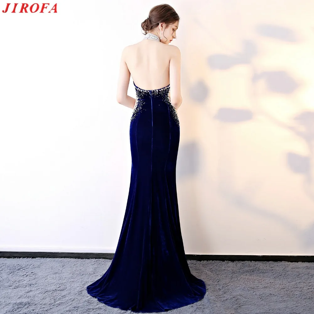 JIROFA, женское бархатное платье, вечернее, элегантное, труба, официальное, выпускное, вечерние, длинное, сексуальное, синее, на бретелях, платье с лямкой через шею, Kadife