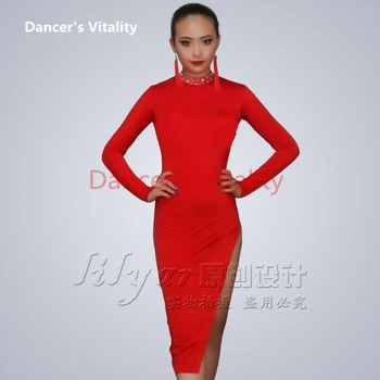 

Lain dance dress hight slit Split ends long skirt customized belly salsa dance clothing clothing allroom latin dance costume
