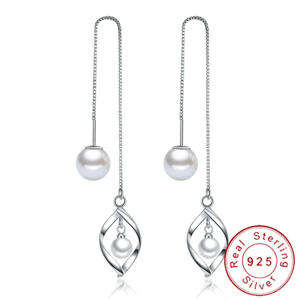 

2019 Korean Real Pure Sterling Silver 925 Fine Chain Earrings Female Natural Double Pearl Earnings Women Brinco Perola SE034