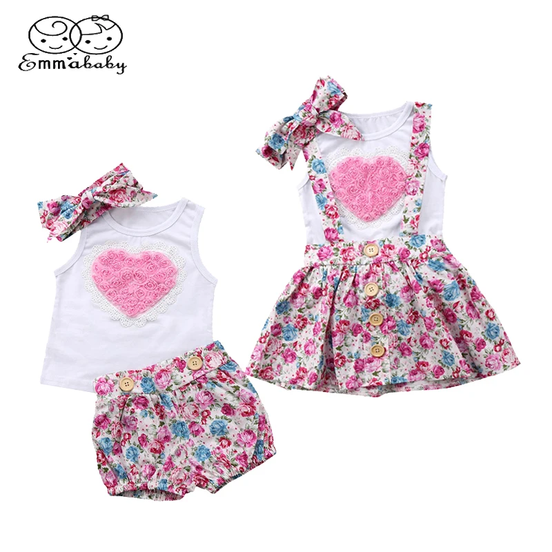 

Emmababy Summer Girls Clothing Set 3PCS Infant Baby Girl 3D Love Print Vest T-Shirt+Cute Floral Shorts/Skirts+Hairband Outfits