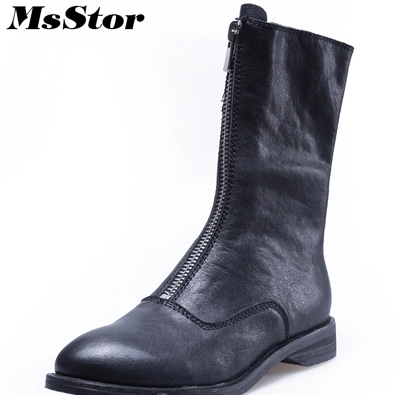 

MsStor Women Boots Fashion Metal Zipper Round Toe Low Heel Ankle Boots Women Shoes Square Heel Sheepskin Boot Shoes For Girl