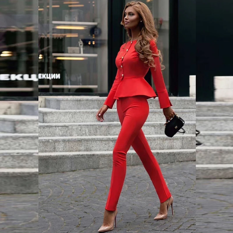 

Elegant Red Two 2 Pieces Set Women Suit High Quality Rayon Lont Sleeve Bodycon Bandage Jumpsuit Evening Party Jumpsuits 2019