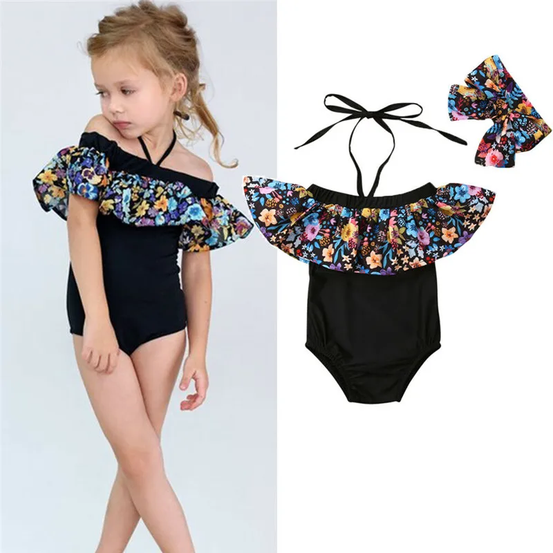 

Toddler Baby Girl Bikinis Summer Floral Print Swimwear Halter Ruffles Off Shoulder Beach Swimming One Piece Suit + Headwear