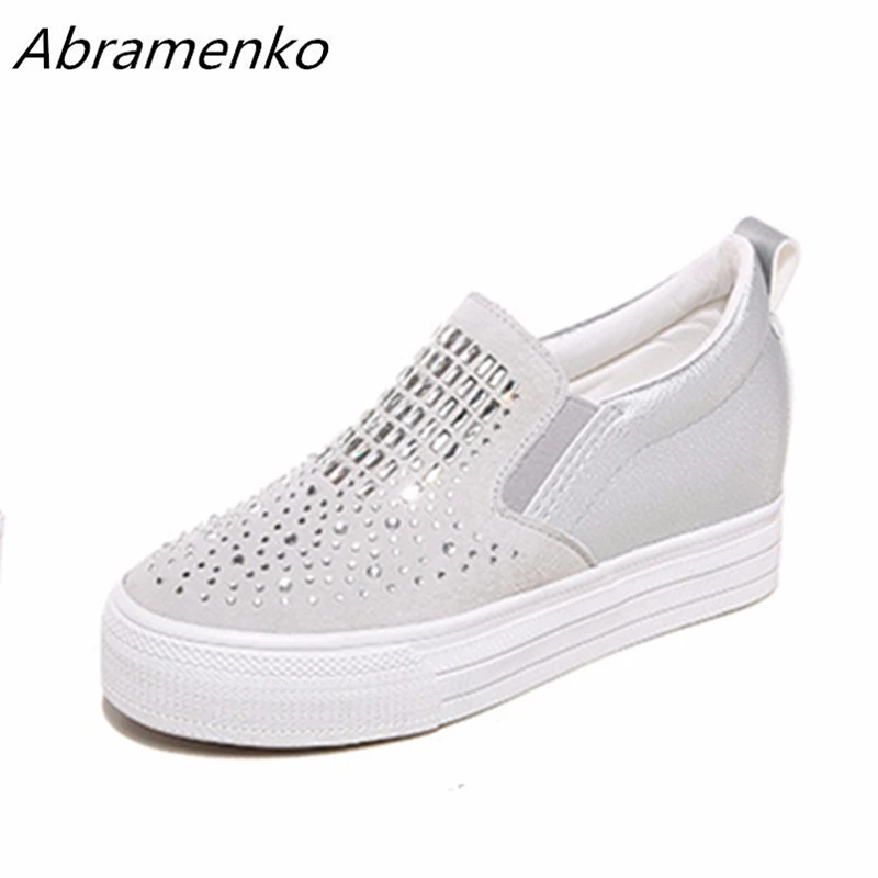 

Abramenko Thick-Soled Shoes Platform Rhinestone Bling Casual Black White Round Toe Shoes For Women Flats Loafers Plus Size 40