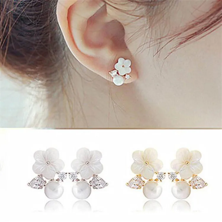 

MENGJIQIAO Korean Style Shell Acrylic Flower Simulated Pearl Stud Earrings For Women Fashion Temperament Shiny Zircon Brincos