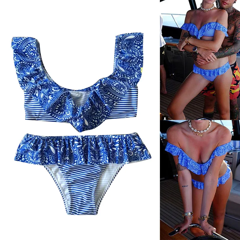 

Women Summer Off Shoulder Bikini Top with Pants Print Ruffled Hem Low Waist Swimsuit ED-shipping