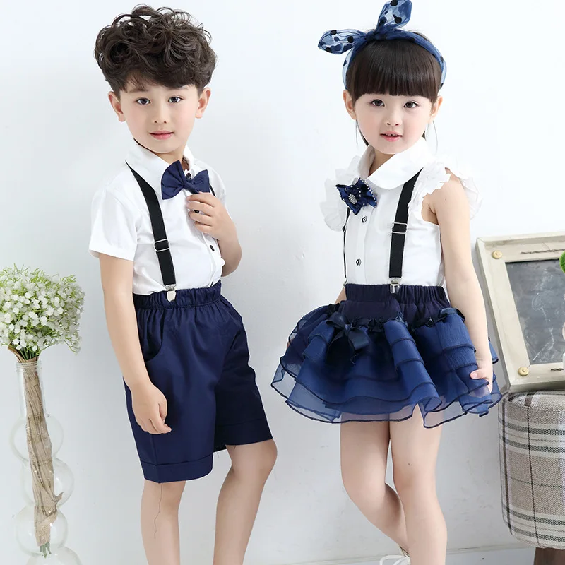  2018 Summer Boys and Girls Uniforms Children's White Shirt Bib Costume Children's Dance Wear Kinder - 32861176011