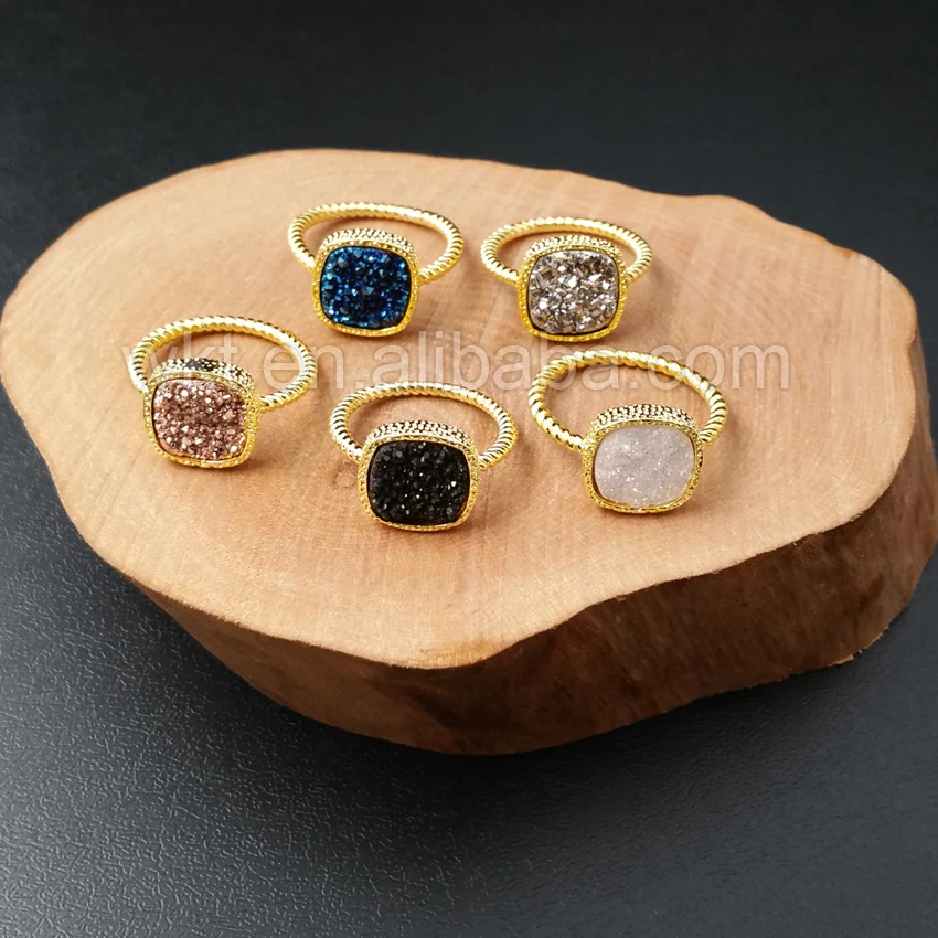 WT-R259, модные титановые кольца Druzy для женщин, ювелирные изделия, очаровательные титановые камни Друза, кольца с 24K золотом, гальванические женские кольца