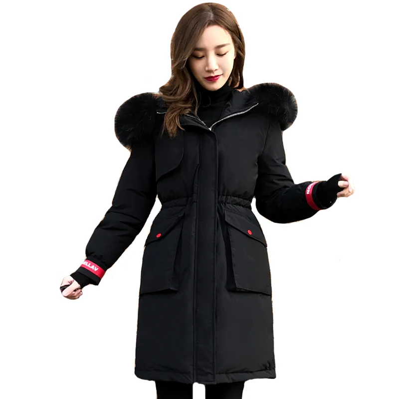 New Women Faux Fur Collar Synthetic Leather Duck Down Coat Mid Long Jacket Parka