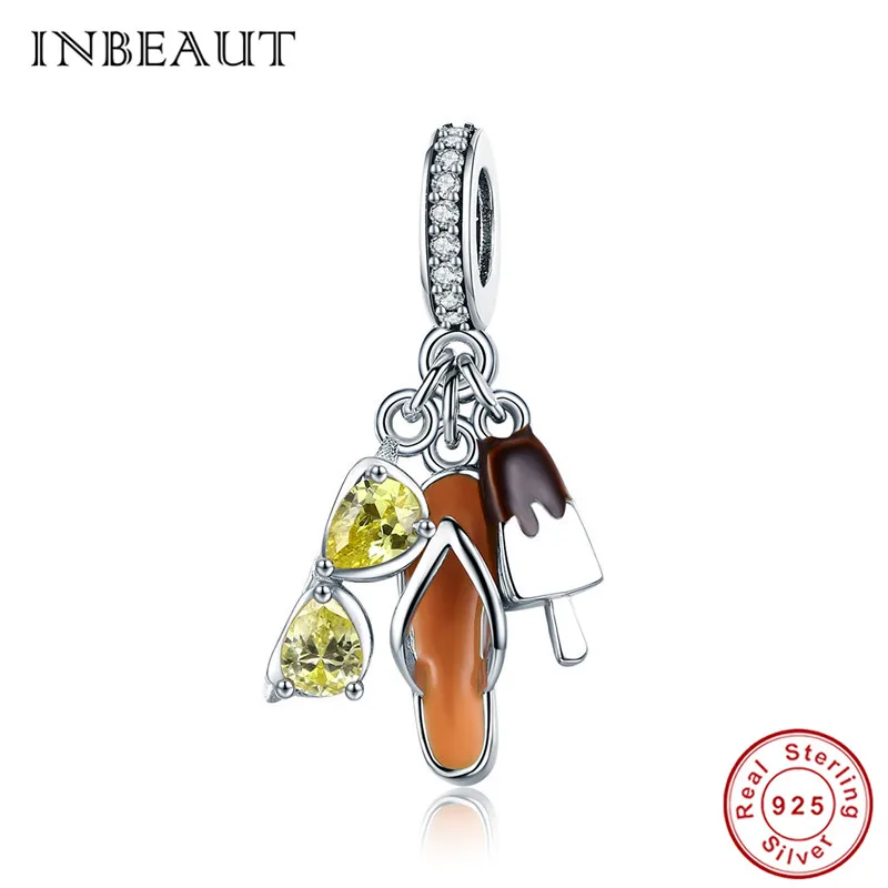 

INBEAUT 925 Sterling Silver Yellow Glasses Beach Slipper Summer Icecream Charm Beads fit Pandora Bracelet Holiday Life DIY Gift