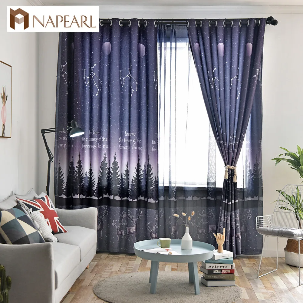 

NAPEARL 1 Piece Modern Star Forest Night Pattern Drops Match Sheer Curtains For Kid Bedroom Windows Thread Fabric Elegant Panel