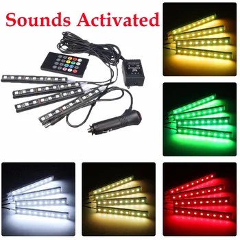 

4X 9LED Sound Voice Controller Car Interior RGB Strip Light Atmosphere Lamp Foot Decorative Light Lamp+24 Keys Remote Control