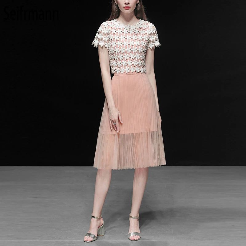 

Seifrmann New Women Summer Suits Runway Fashion Designer Lace Floral Embroidery Coat+Mesh Overlay Skirt Elegant Two Pieces Set