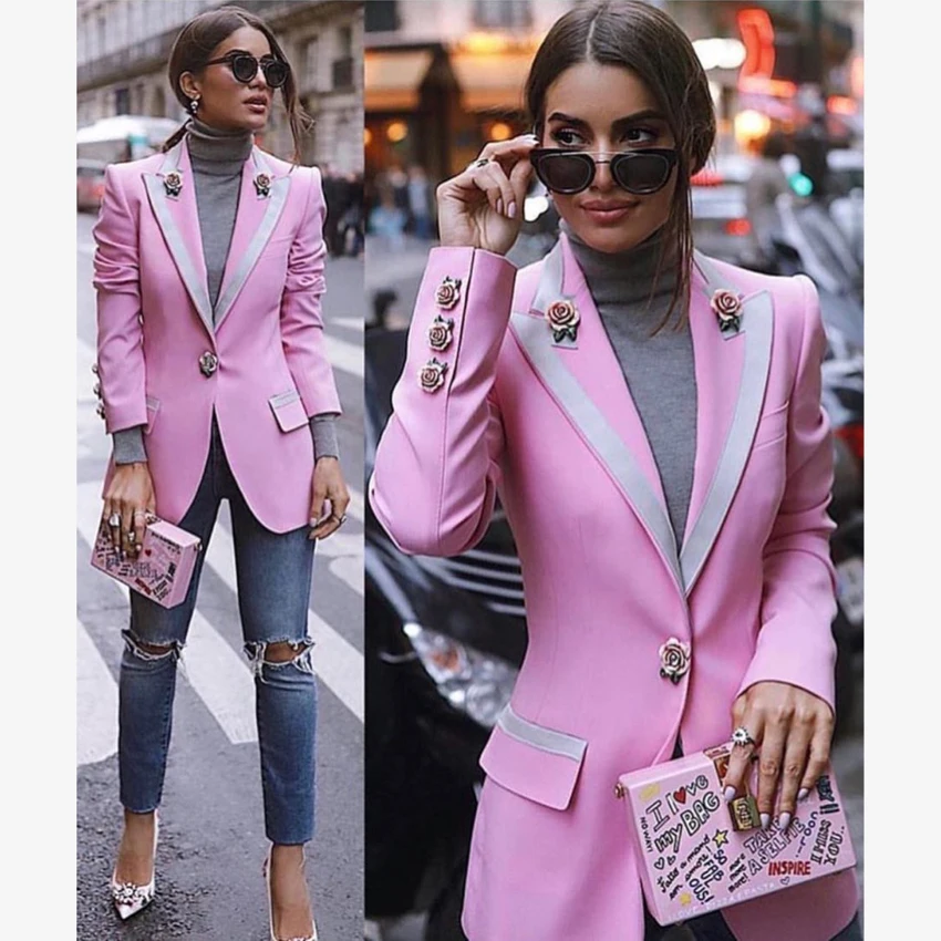 

Fashion 2019 Spring Runway Designer Pink Jacket Women Long Sleeve Floral Lining Rose Buttons Outer Coat Jacket Clothes