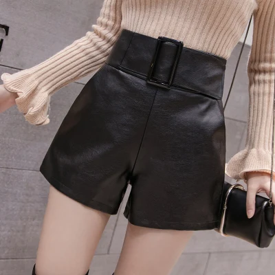 Женские черные шорты из искусственной кожи с поясом и карманами, шорты с высокой талией, женские широкие брюки, корейские шорты на осень и зиму - Цвет: black