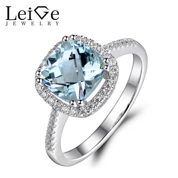 

Leige Jewelry Natural Aquamarine Ring Cushion Cut Halo Wedding Engagement Rings for Women Silver 925 Blue Gemstone Fine Jewelry