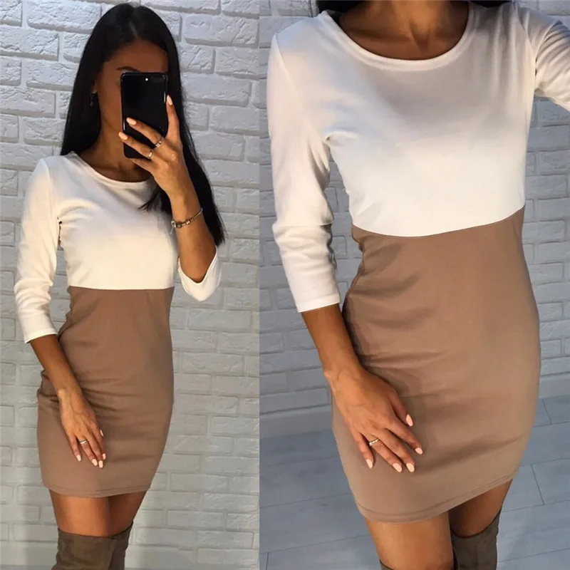 Women Color Block Dress Casual O Neck Bodycon Dress Contrast Color Stitching Seven-Point Sleeves Slim Slimming Casual Dress