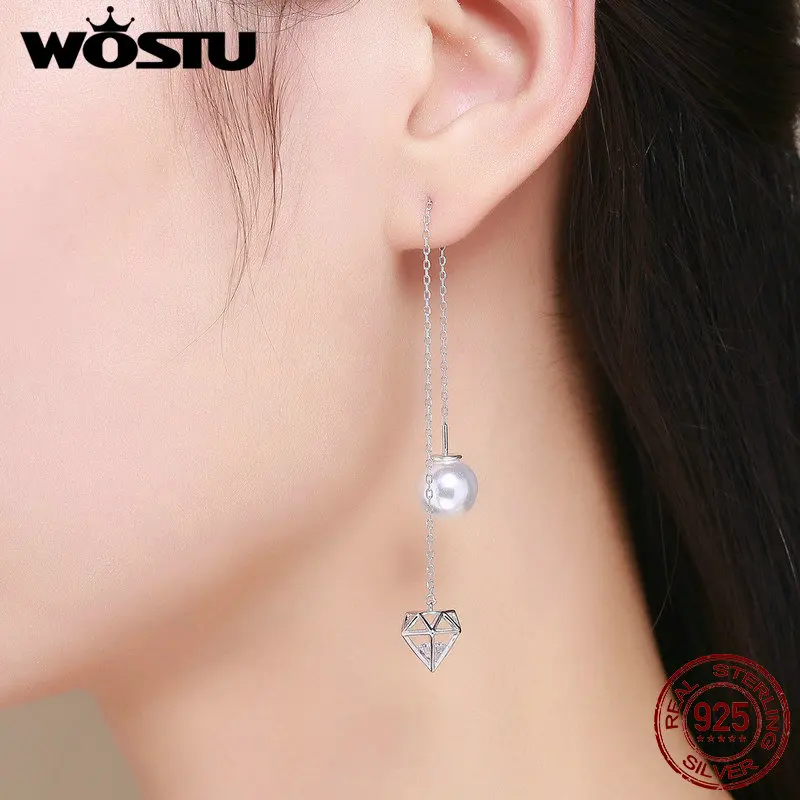 

WOSTU 100% Pure 925 Sterling Silver White Pearl Long Chain Drop Dangle Earrings For Elegant Women Wedding Luxury Gift BKE273
