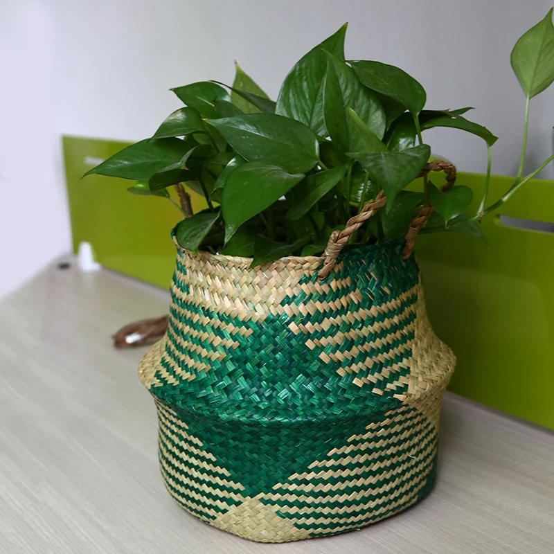 WHISM 2pcs Straw Garden Plant Planter Seagrass Wicker Basket Flower Pots Planters Decorative Flowerpots Handmade Flower Baskets