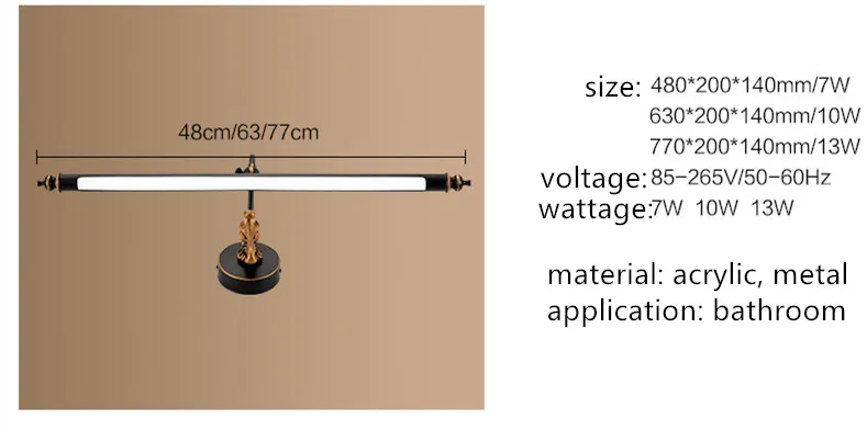 Винтажный Ретро Европейский черный золотой металл, акрил светодиодный свет зеркала для ванной комнаты Wtaerproof анти противотуманные фары светильник 47/57/67 см