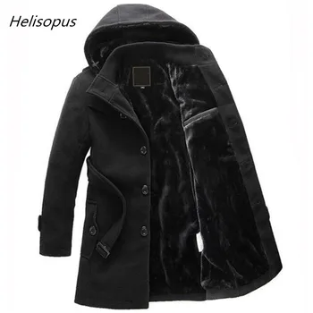 

Helisopus Men Thicken Winter Warm Hooded Wool Coat Trench Men's Solid Color Jacket Black Gray Turn-down Collar Long Coats