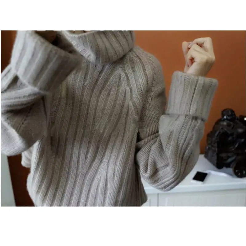 Winter Lazy Loose Knit Women Cashmere Sweater High Collar Solid Color Warm Wool Sweater Thick Pullover High-end Retro Sweaters - Цвет: Хаки