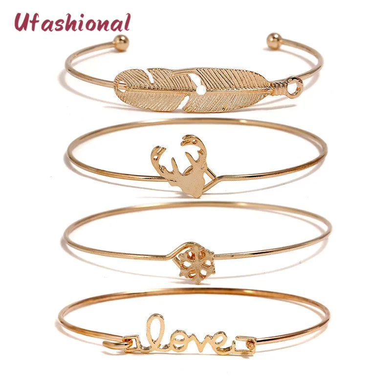 Fashion Bangles Set For Women Statement Accessories Leaf Gold Color Zinc Alloy Opening Cuff