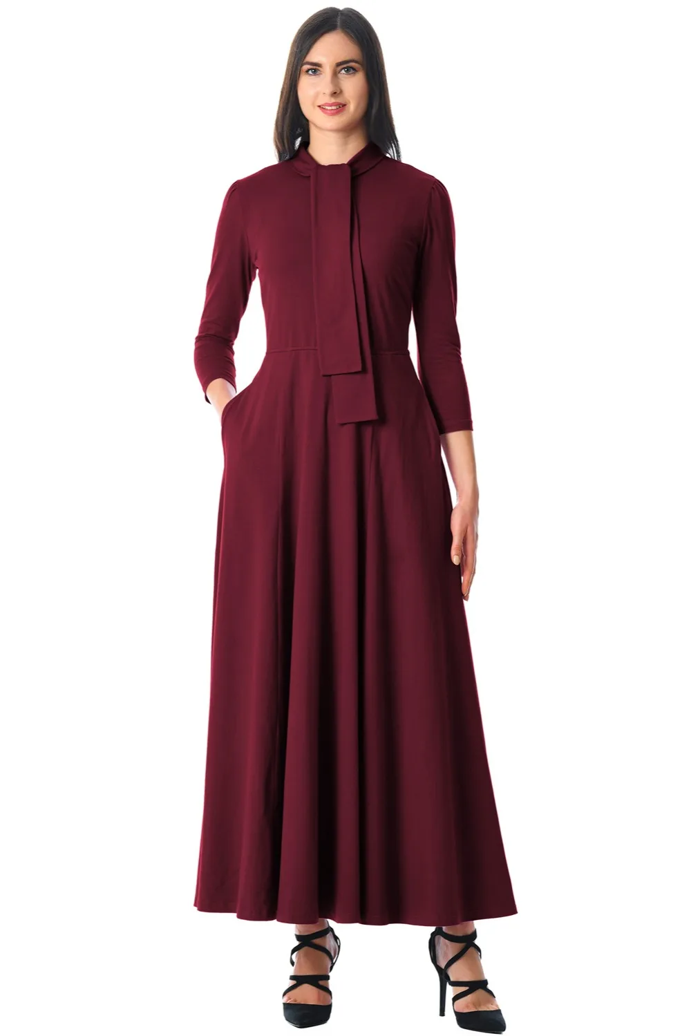 Burgundy-Pocketed-3-4-Sleeves-Tie-Neck-Maxi-Dress-LC610398-3-3