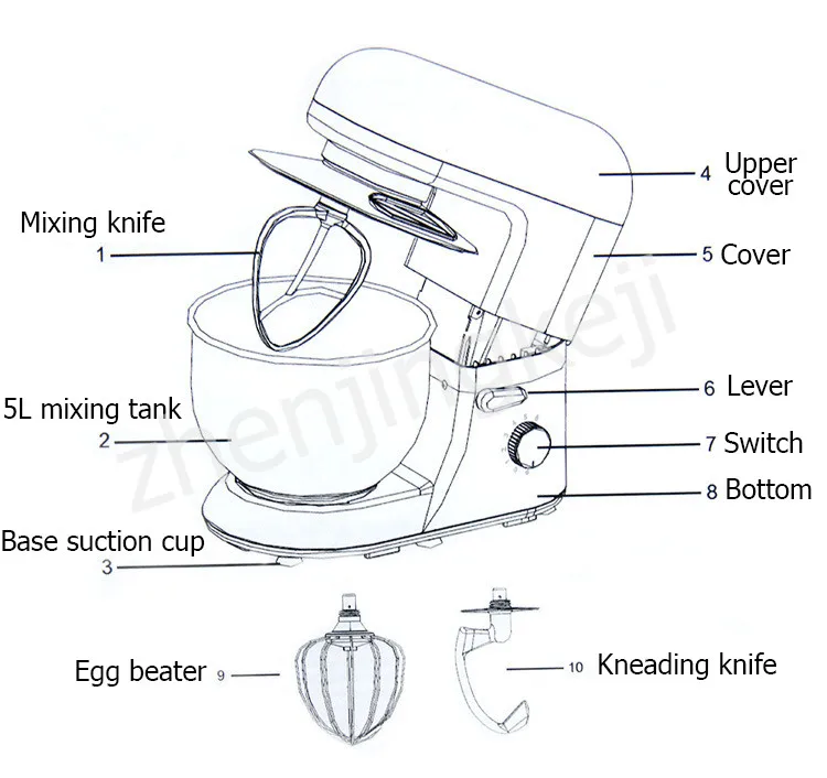 Тестомесильный агрегат 5L многофункциональная электрическая Нержавеющая сталь Кухня Приспособления Замес теста высокого Мощность 6-ступенчатая Регулируемый поворотный переключатель