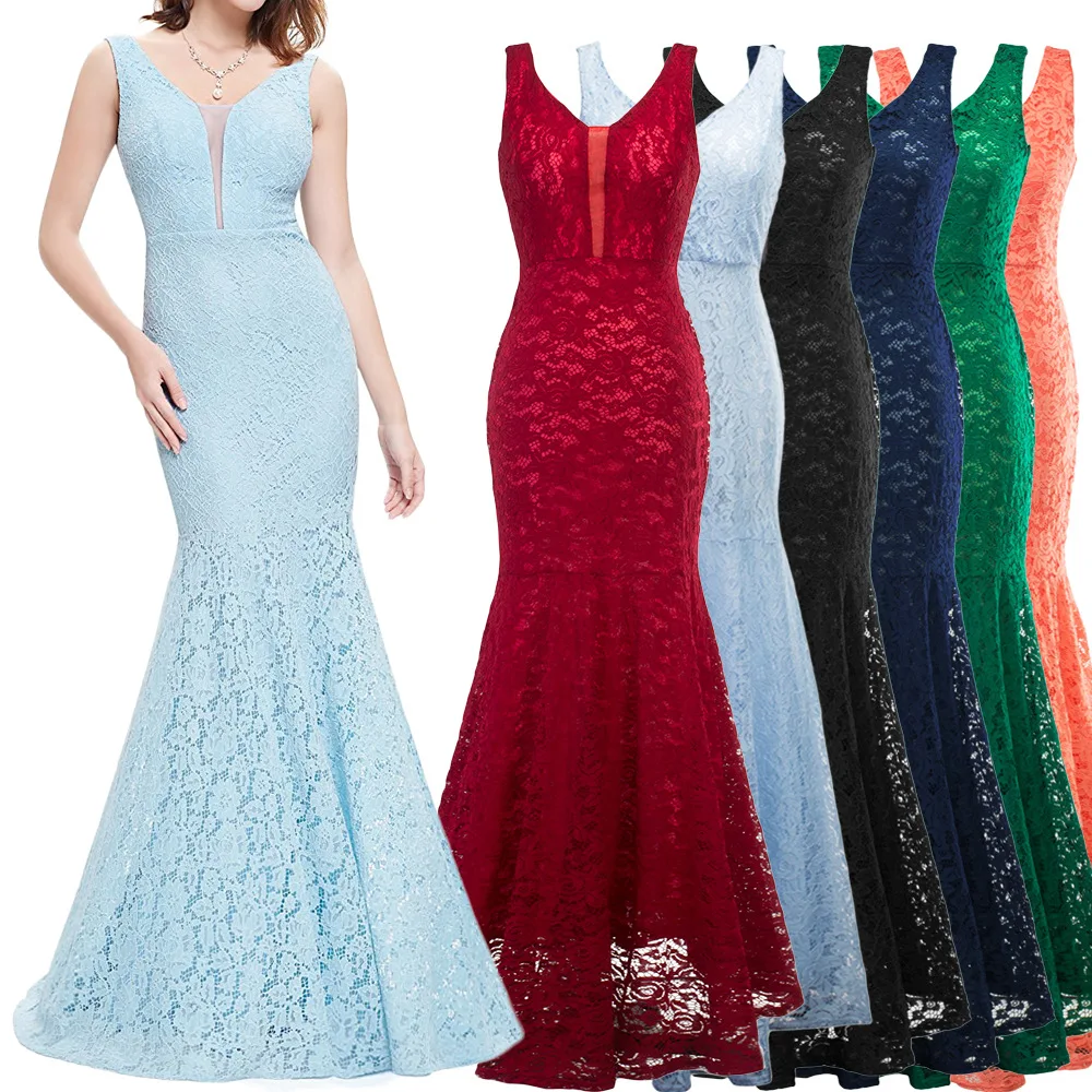 Women Floral V-Neck Elegant Lace Long Mermaid Dress for Wedding Sexy Maxi Autumn Winter Evening Party Dresses Maxi Vestidos